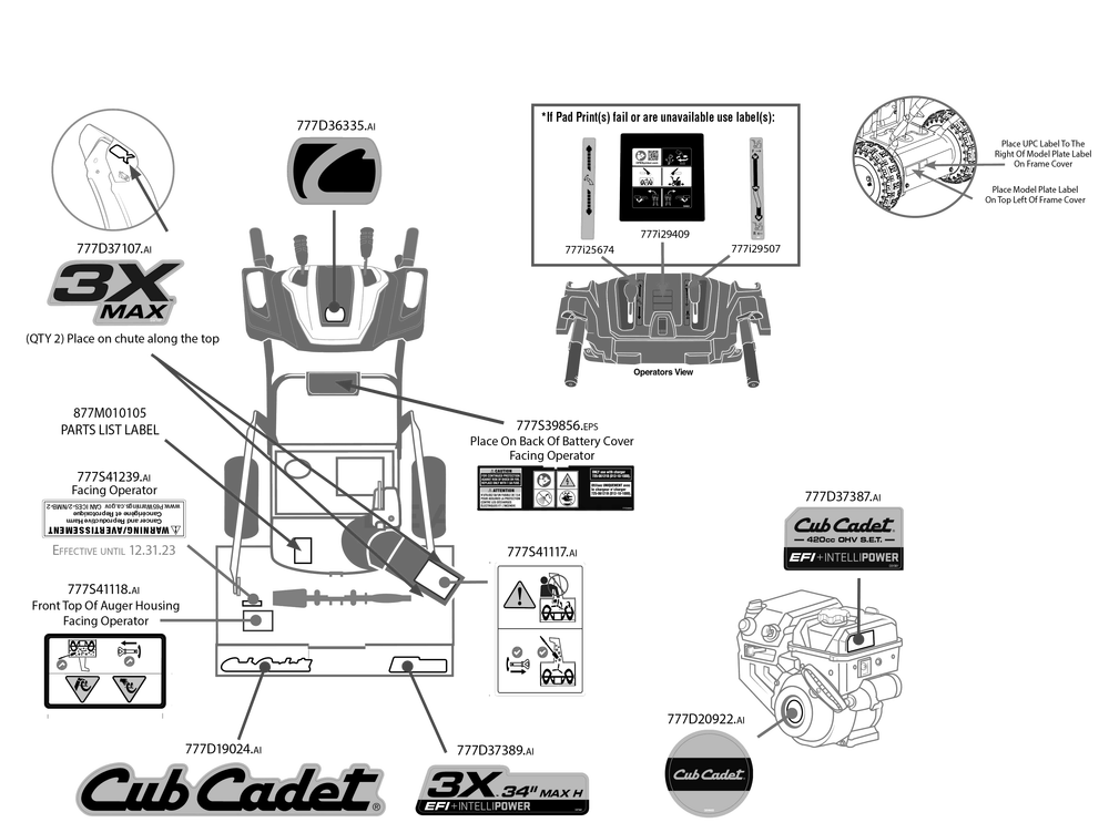 Label Map Diagram and Parts List for 3X34-INCHMAXH (31AH8M4VB10)(2023) Cub Cadet Snow Blower